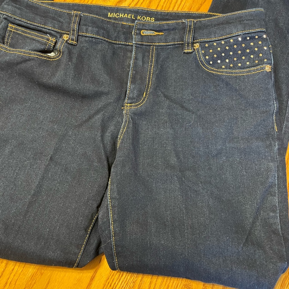 Michael Kors Blue Skinny Jeans with Studded Detail and Contrast Stitching